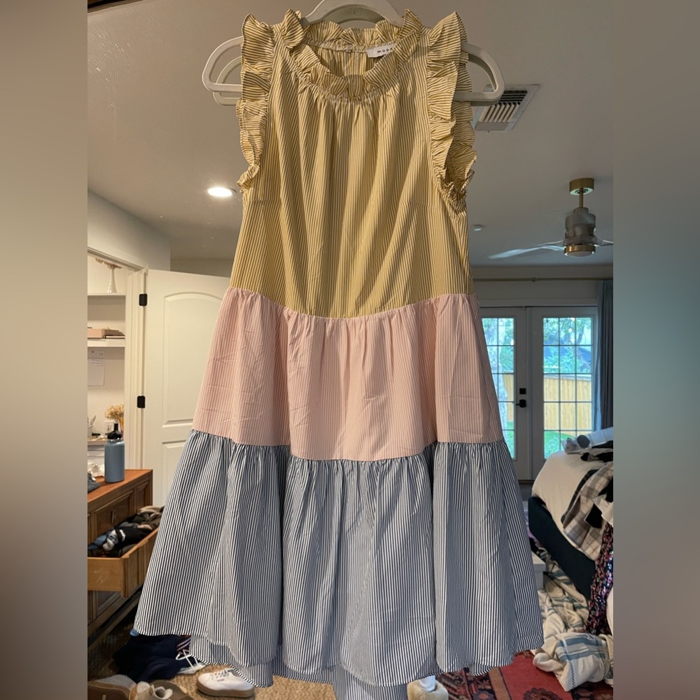 ruffle neckline pastel striped dress